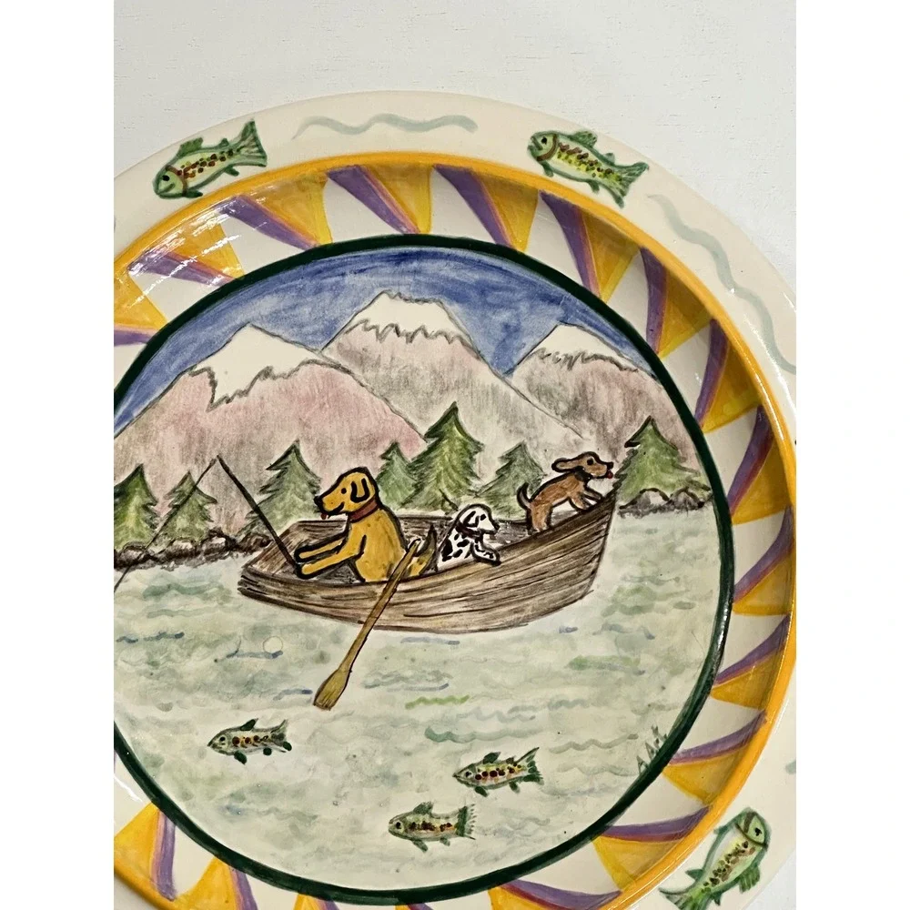Hand Painted Fishing Dogs Decorative Ceramic Platter Trout‎ Cabin Western Plate